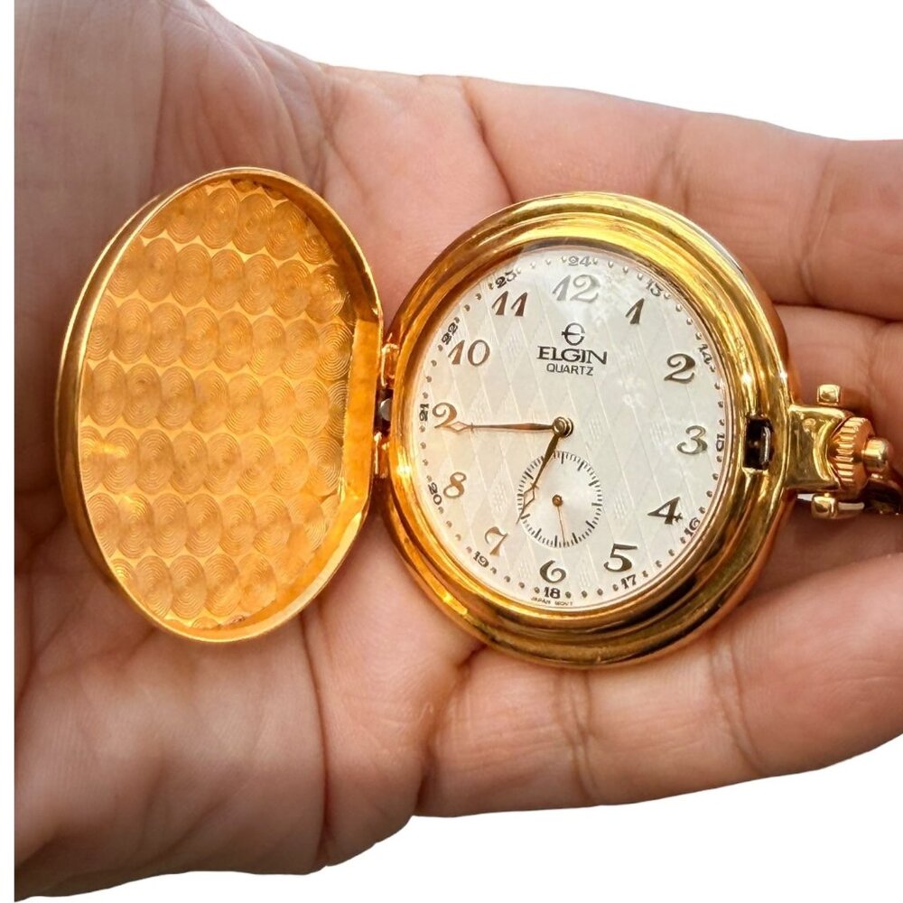 Vintage Elgin Gold-Tone Quartz Pocket Watch With Chain & Monogrammed Cover